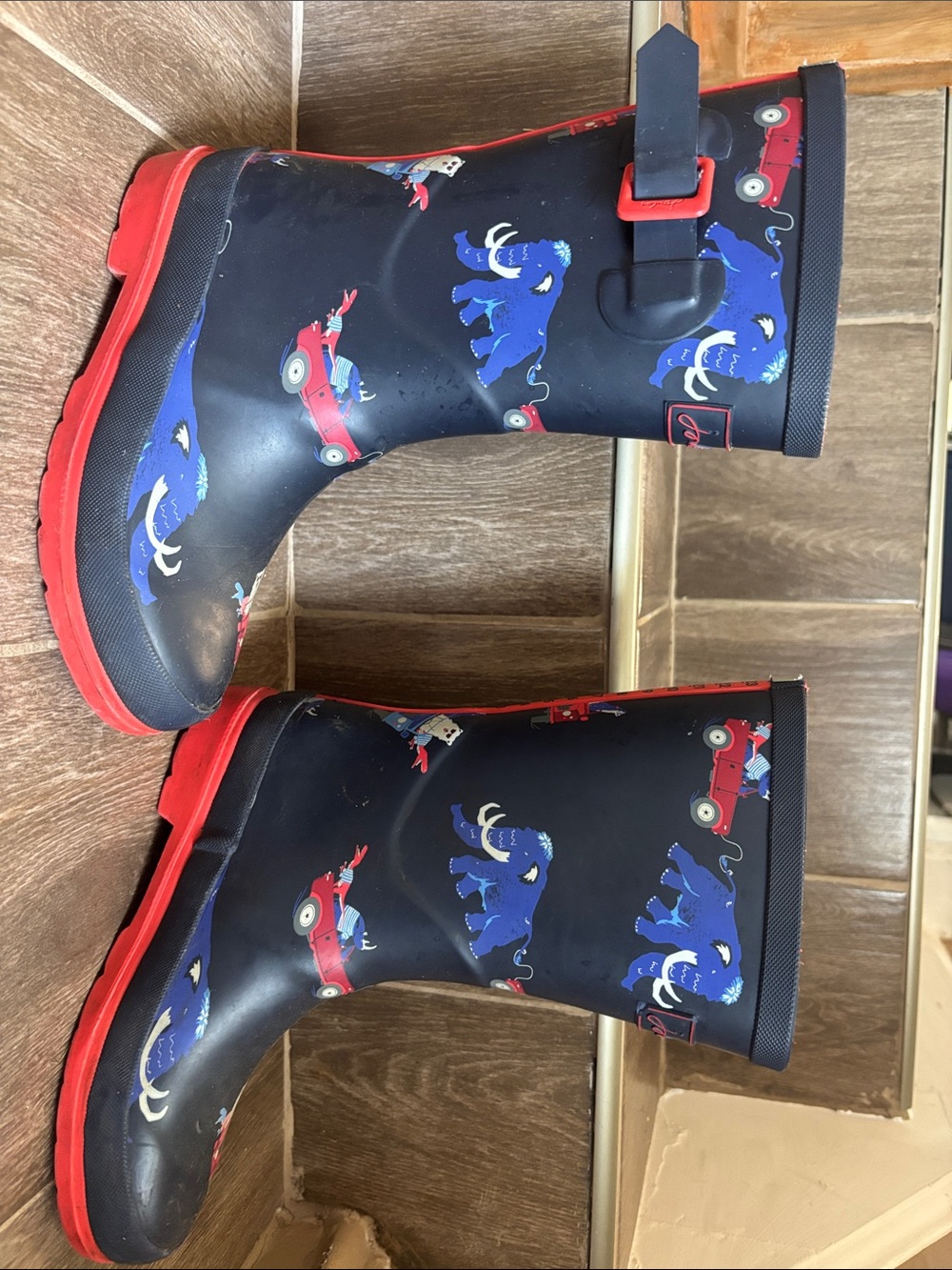 Joules Navy Kids Rain Boots with Blue Elephant and Red Accents